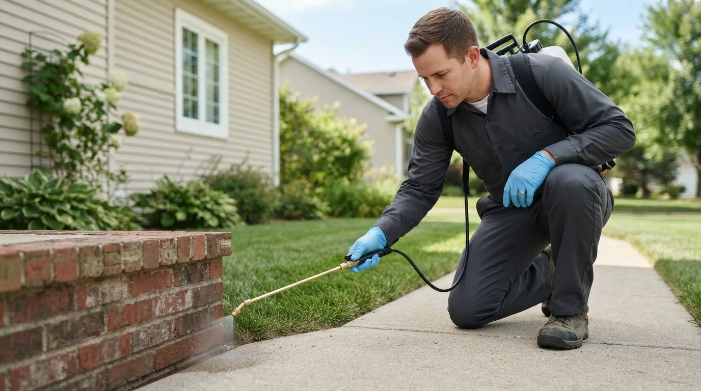 Pest control technician treating a home near Chalk Hill, PA